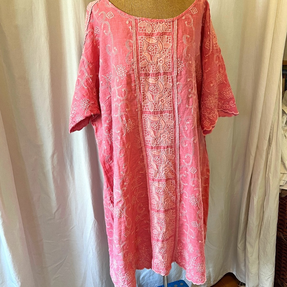 Wrap London floral embroidered linen Womens pink short sleeve dress size US 18